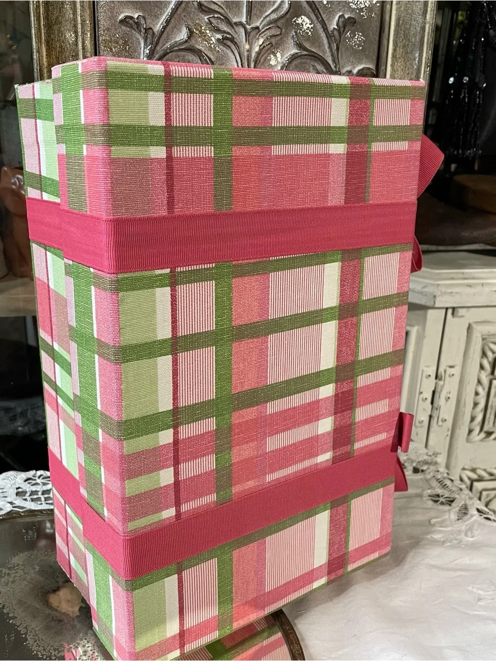 Pink green white plaid fabric storage gift box